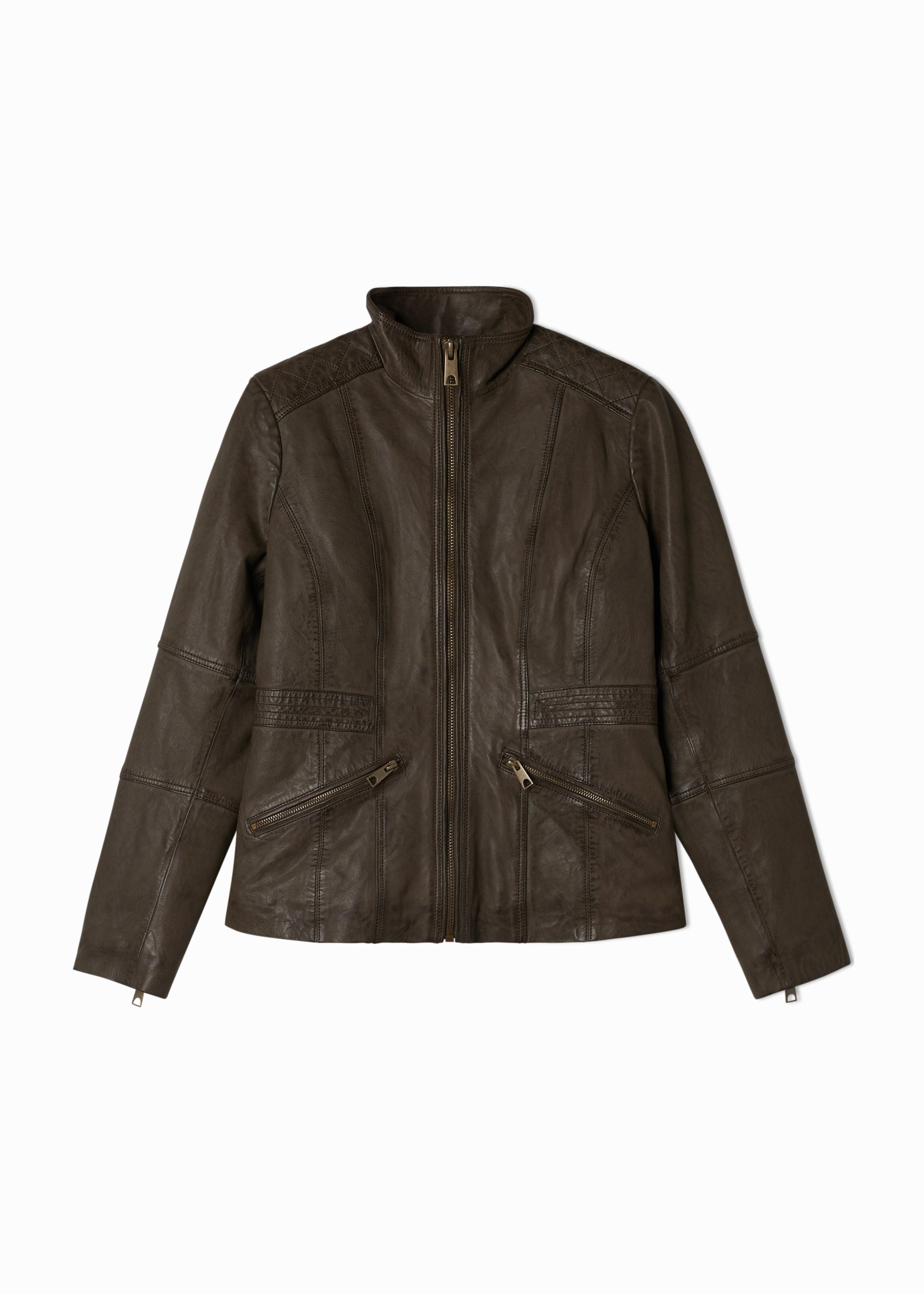 Giacca In Pelle Donna Scully Con Zip E Colletto Rialzato – Beige, Taglia Large