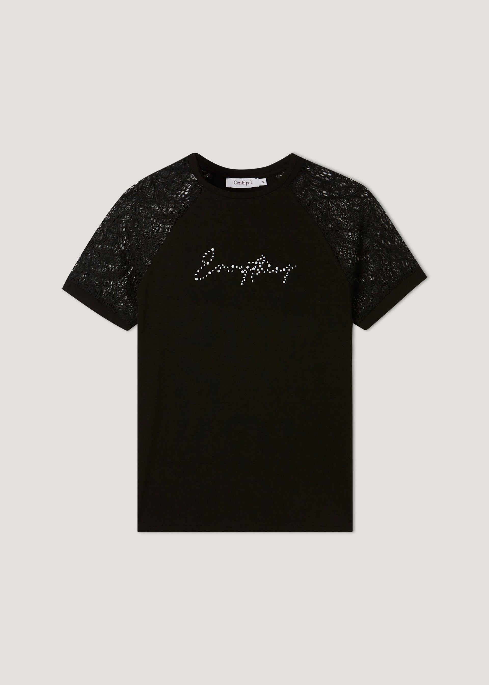 T-shirt maniche in pizzo e perle