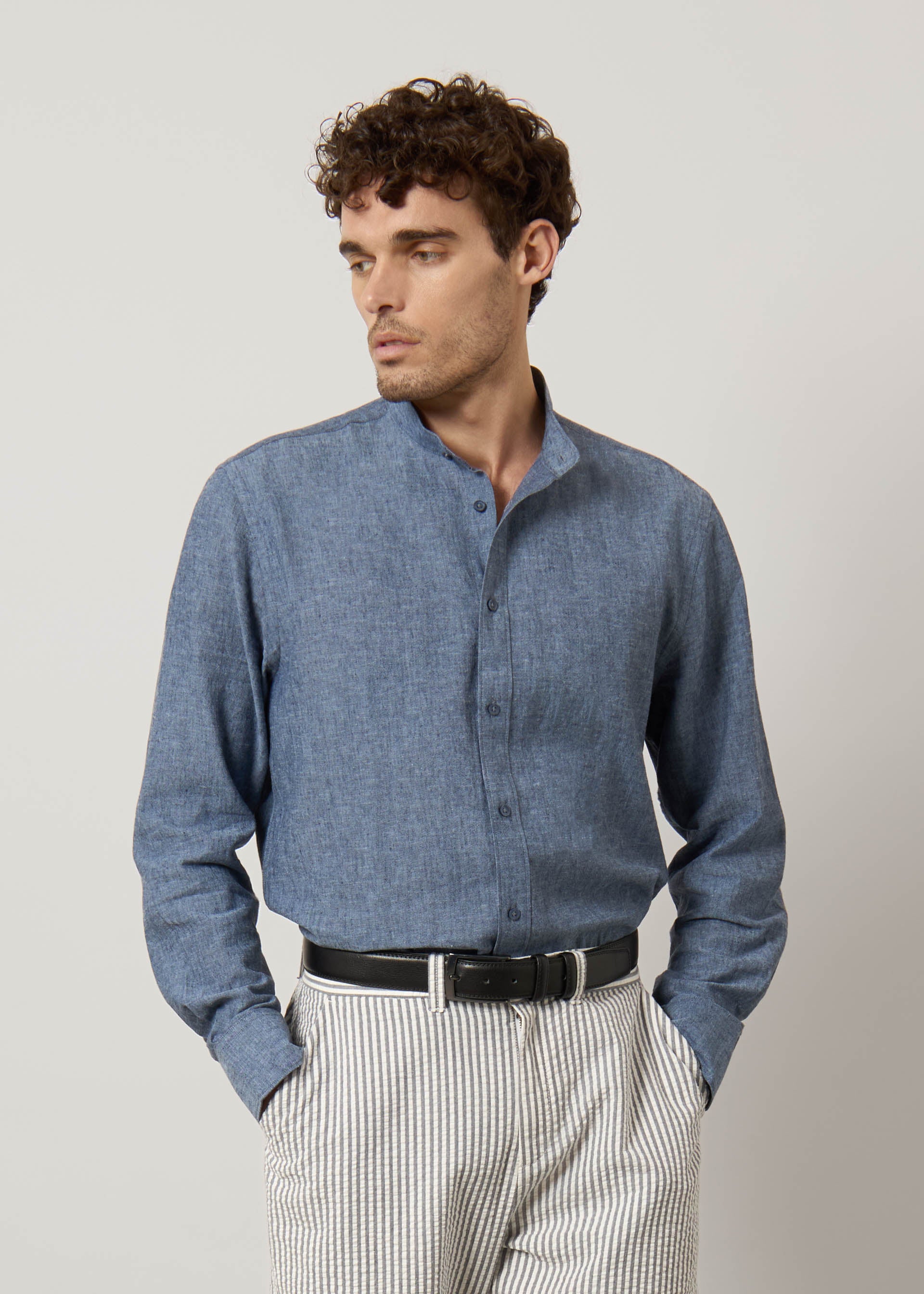 Camicia alla coreana in lino e cotone