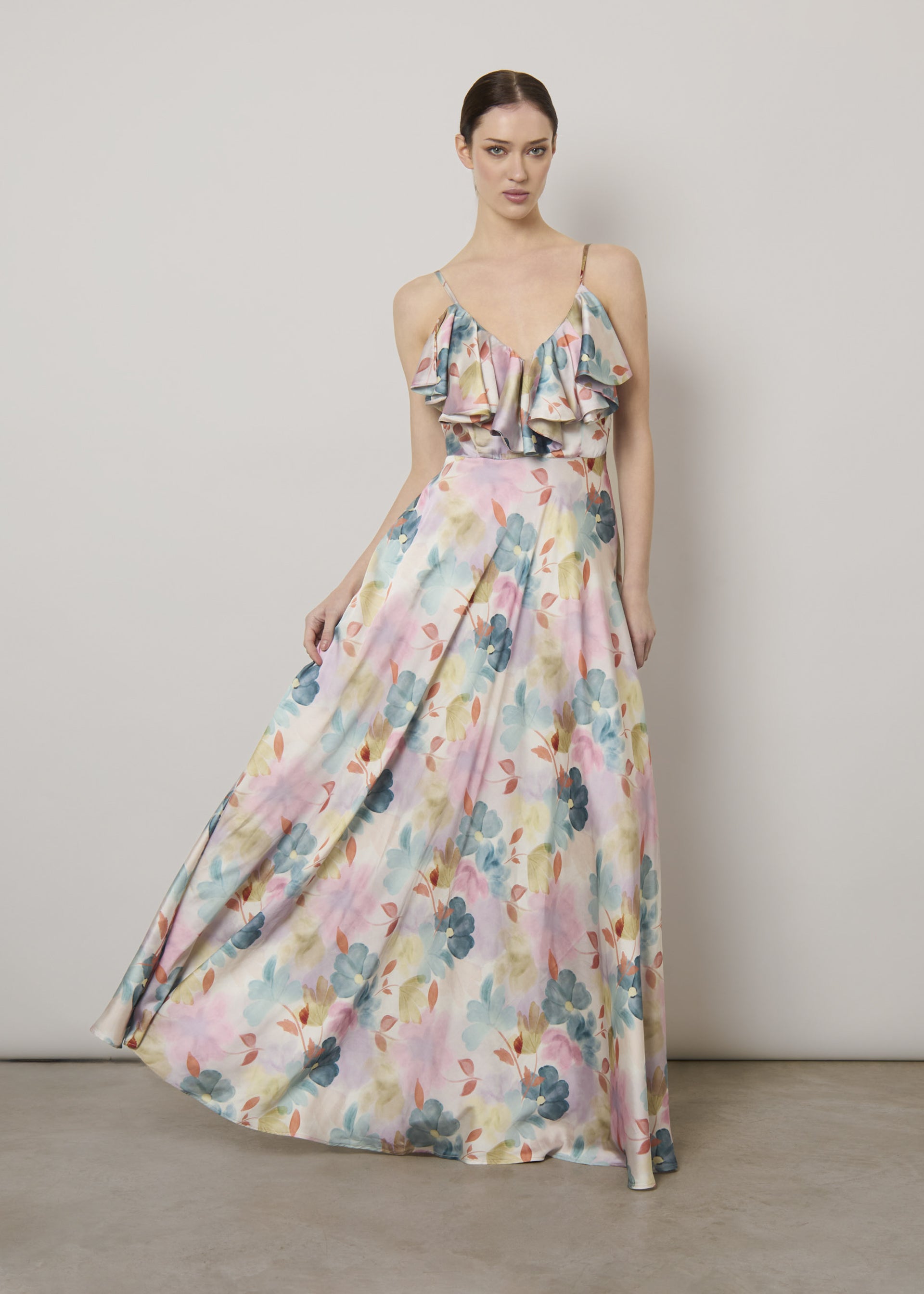 Abito lungo in raso stampato