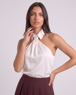 Top in raso con collo camicia
